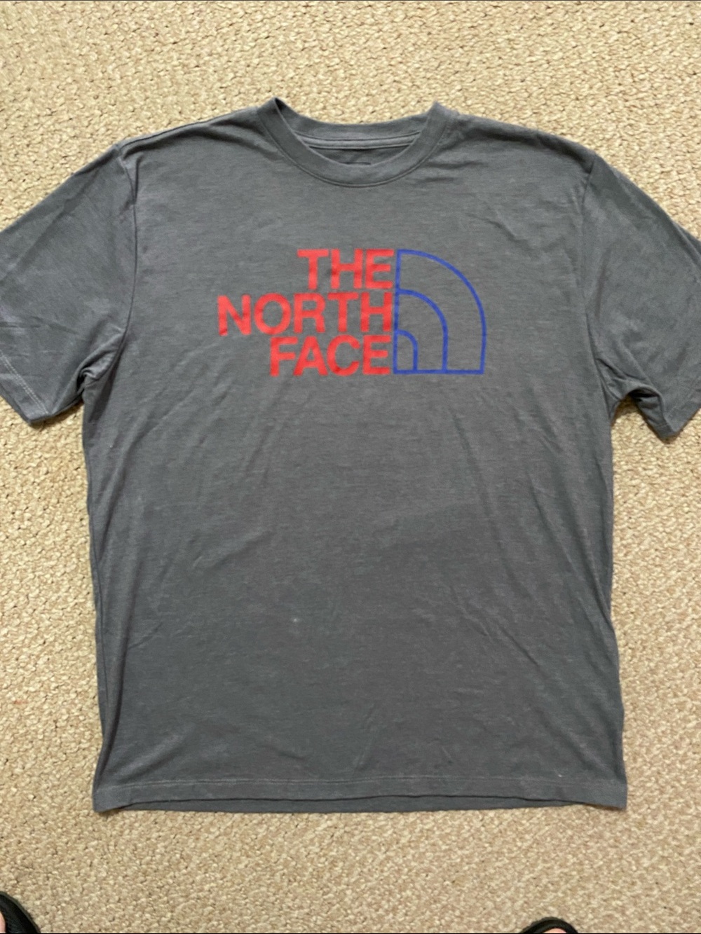 The North Face Men's size large Charcoal  grey Tee with Red & Blue Logo NWOT